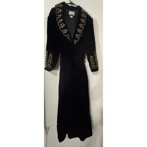 Georgette Trabolsi Open Velour Satin Lined Long Robe sz L black gold Vintage